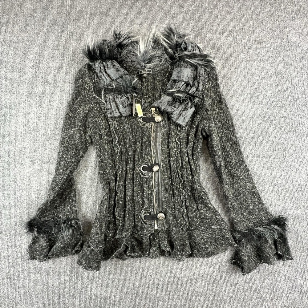 Lisa International Sweater Womens Petite PS Gray Full Zip Fur Trim Bell Sleeve
